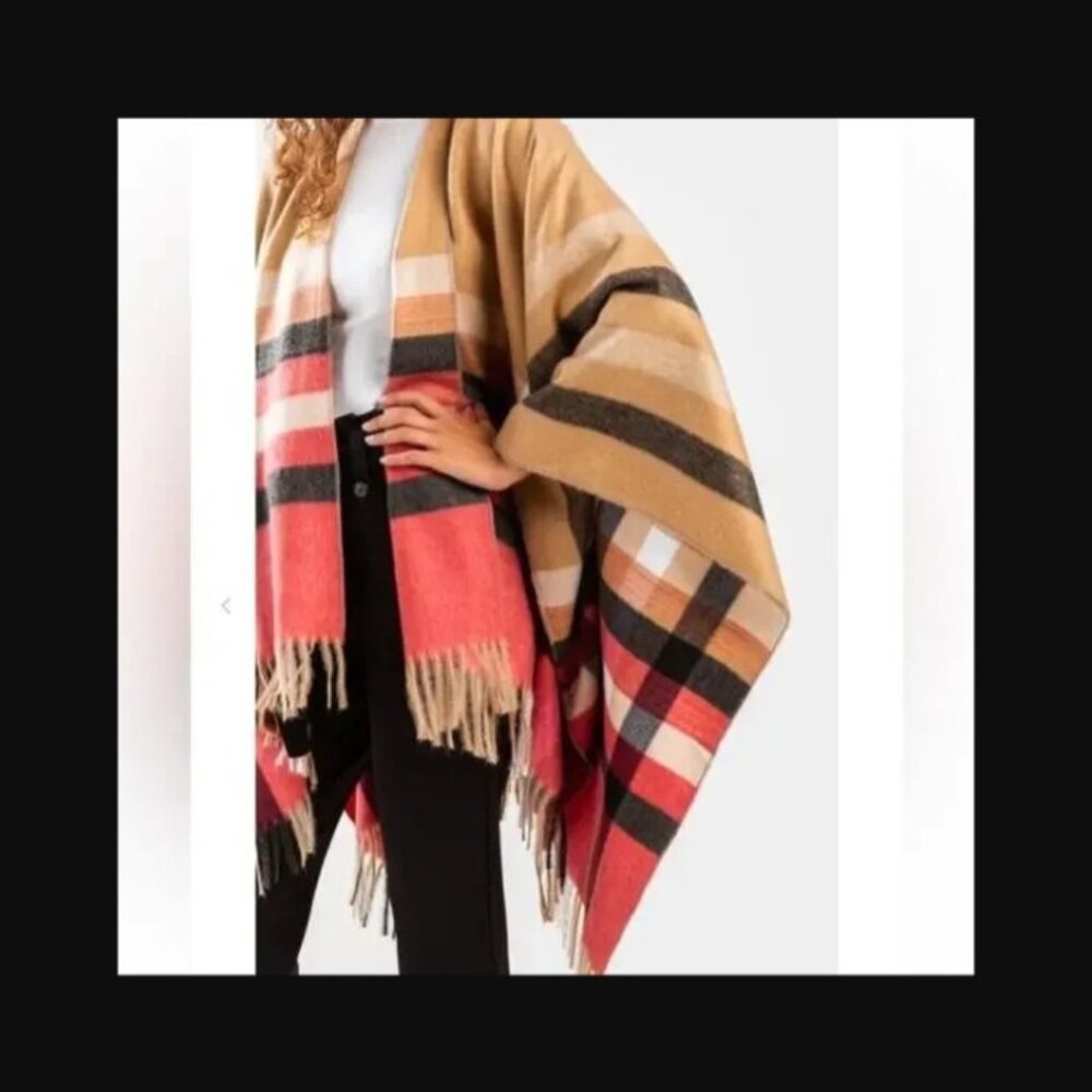 Woolrich One Size Plaid Wrap Cape Poncho Tan Black Red Fringe NWT  /B8